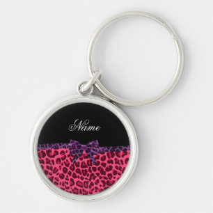 Personalized name pink leopard pattern purple bow keychain