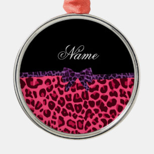 Personalized name pink leopard pattern purple bow metal ornament