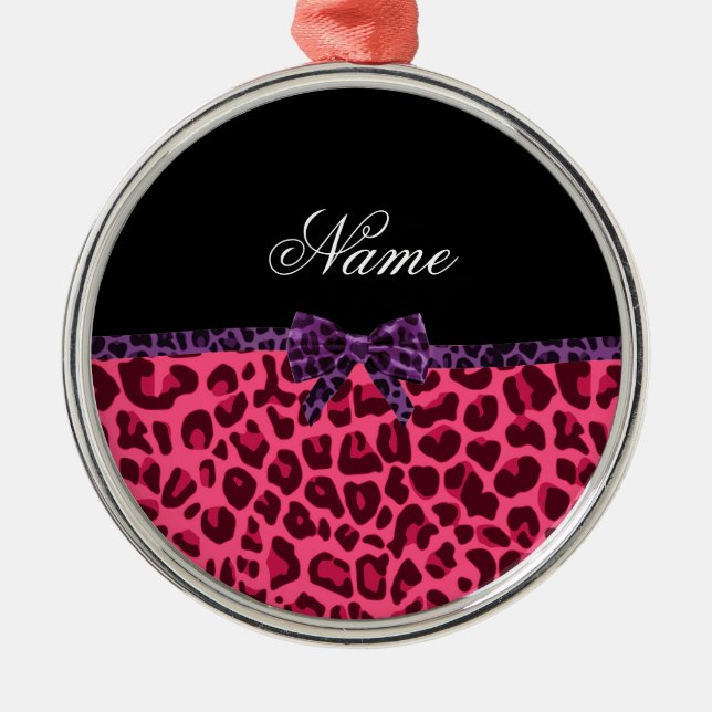 Personalized name pink leopard pattern purple bow metal ornament (Front)