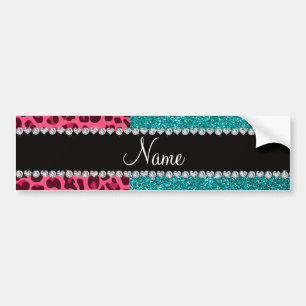 Personalized name pink leopard turquoise glitter bumper sticker