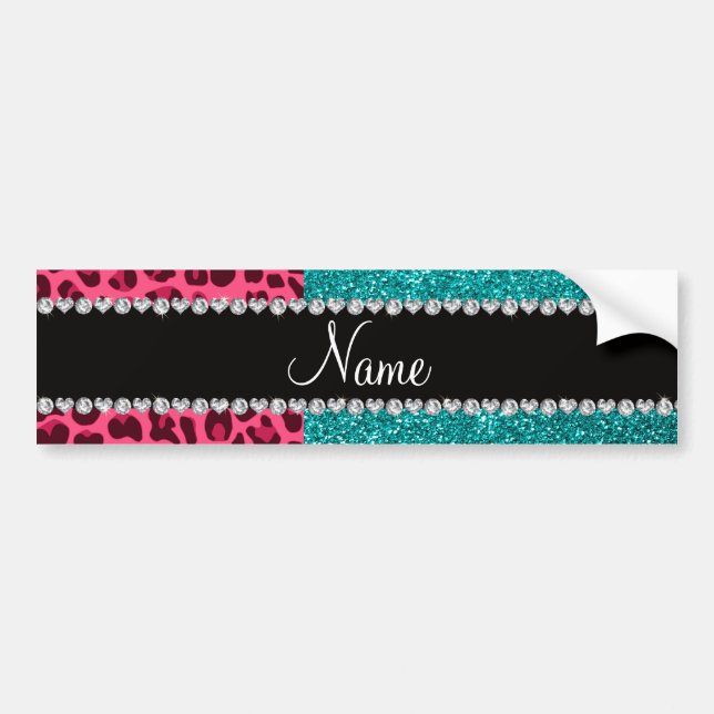 Personalized name pink leopard turquoise glitter bumper sticker (Front)