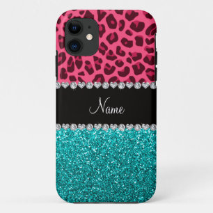 Personalized name pink leopard turquoise glitter iPhone 11 case