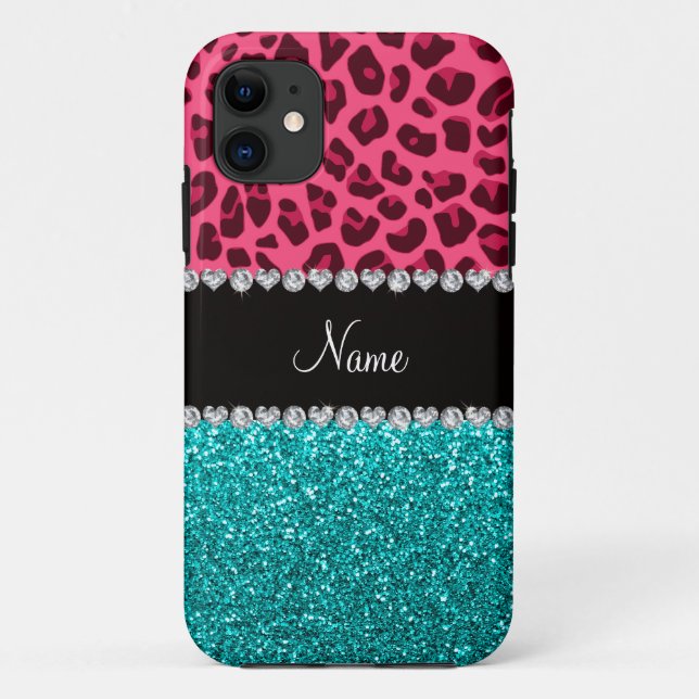 Personalized name pink leopard turquoise glitter Case-Mate iPhone case (Back)