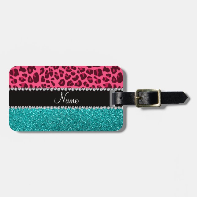 Personalized name pink leopard turquoise glitter luggage tag (Front Horizontal)