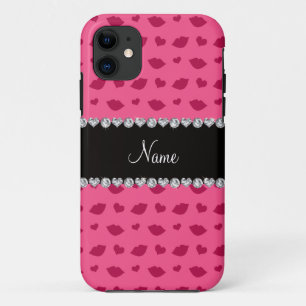 Personalized name pink lips and hearts pattern iPhone 11 case
