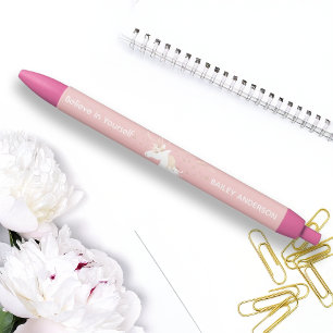 Personalized Name Pink Magical Unicorn Black Ink Pen