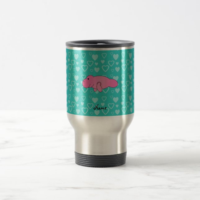 Personalized name pink manatee turquoise hearts travel mug (Center)