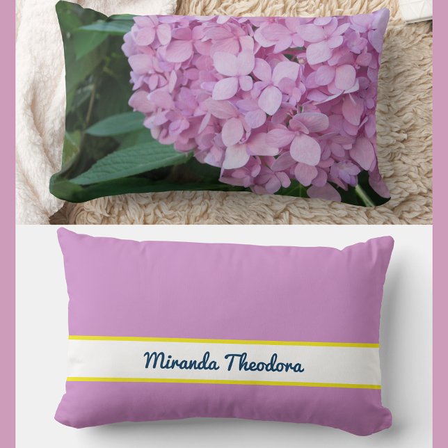 Personalized Name Pink Mauve Hydrangea  Lumbar Pillow (Elegant, modern personalized name floral accent pillow. Photo of purple pink hydrangea. Calligraphy)
