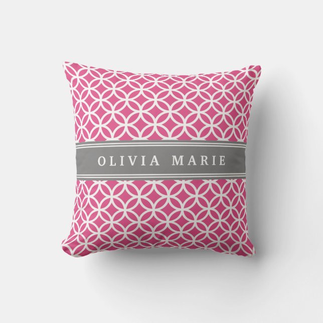 Personalized Name Pink Modern Circles Pattern Throw Pillow (Front)
