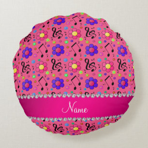 Personalized name pink music notes flowers round pillow