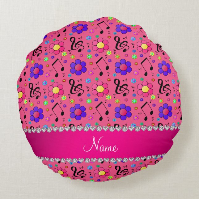 Personalized name pink music notes flowers round pillow (Back)