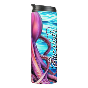Personalized Name Pink Octopus Blue Ocean Wave Thermal Tumbler