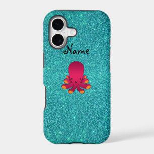 Personalized name pink octopus turquoise glitter