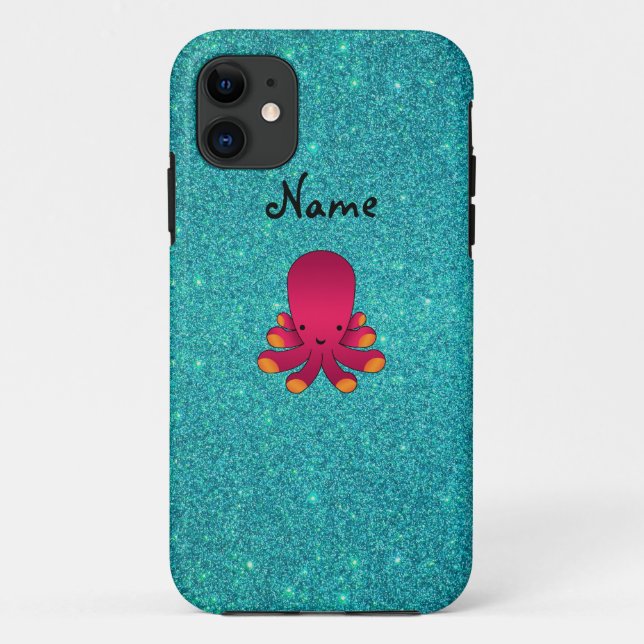 Personalized name pink octopus turquoise glitter Case-Mate iPhone case (Back)