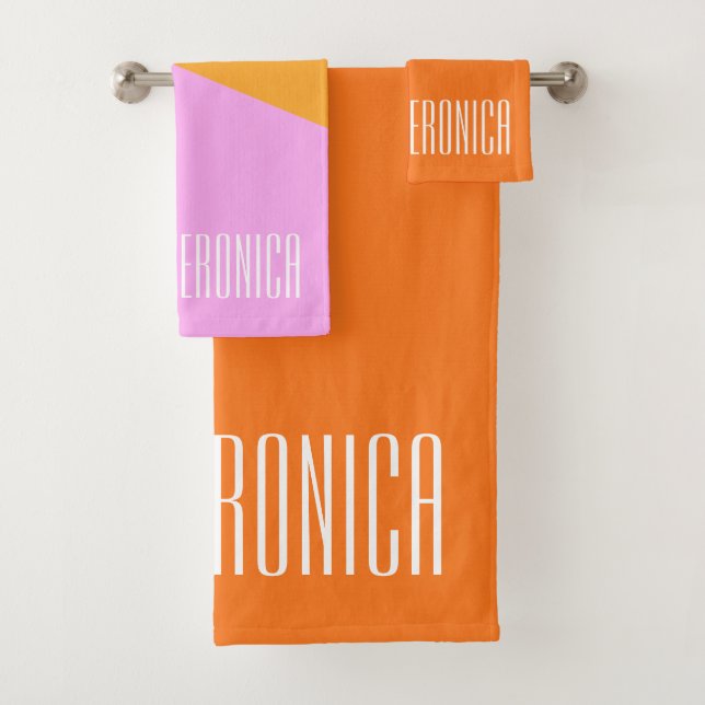 Personalized Name Pink Orange Yellow Geometric Bath Towel Set (Insitu)
