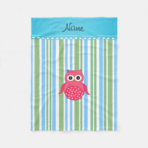 Personalized name pink owl blue green stripes fleece blanket