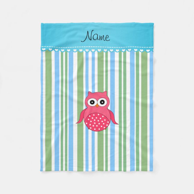 Personalized name pink owl blue green stripes fleece blanket (Front)