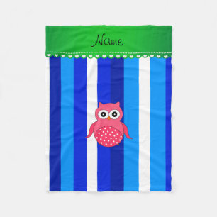 Personalized name pink owl blue stripes fleece blanket