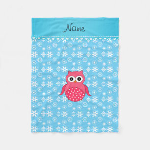 Personalized name pink owl pastel blue snowflakes fleece blanket