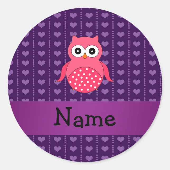 Personalized name pink owl purple hearts classic round sticker (Front)