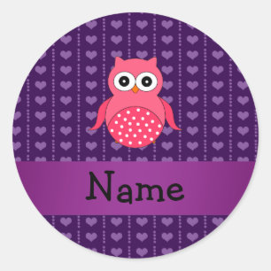 Personalized name pink owl purple hearts classic round sticker