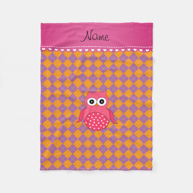 Personalized name pink owl purple orange argyle fleece blanket (Front)