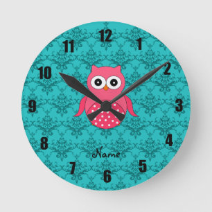 Personalized name pink owl turquoise damask round clock