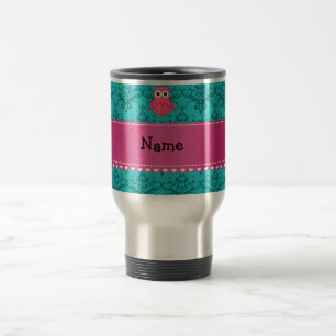 Personalized name pink owl turquoise damask travel mug