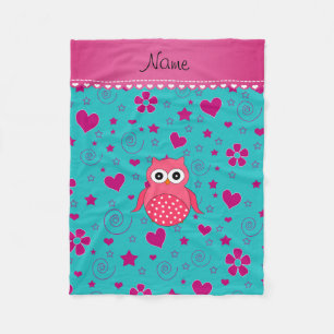 Personalized name pink owl turquoise pink hearts fleece blanket