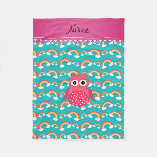 Personalized name pink owl turquoise rainbows fleece blanket