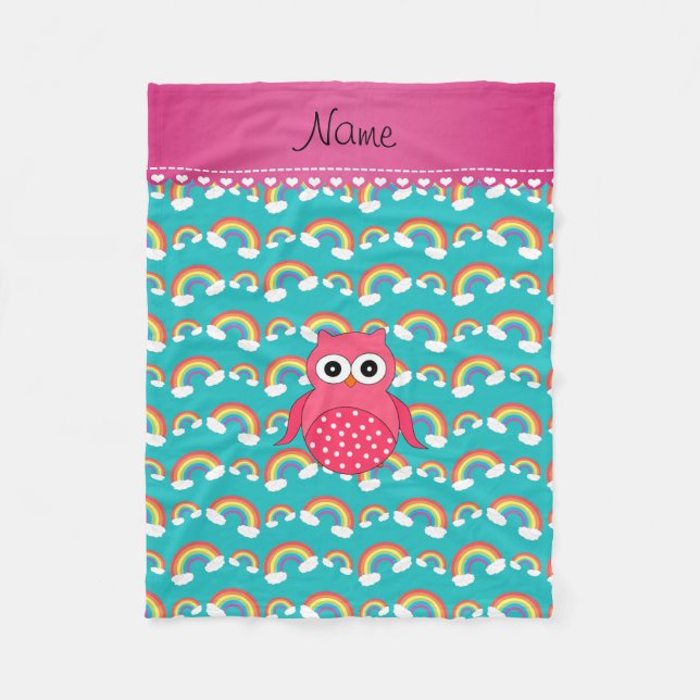 Personalized name pink owl turquoise rainbows fleece blanket (Front)