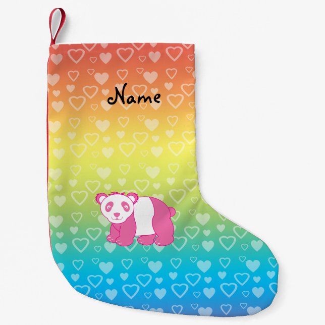 Personalized name pink panda rainbow hearts small christmas stocking (Front)