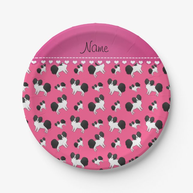 Personalized name pink Papillon dogs Paper Plate (Front)