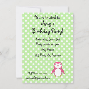 Personalized name pink penguin green polka dots invitation