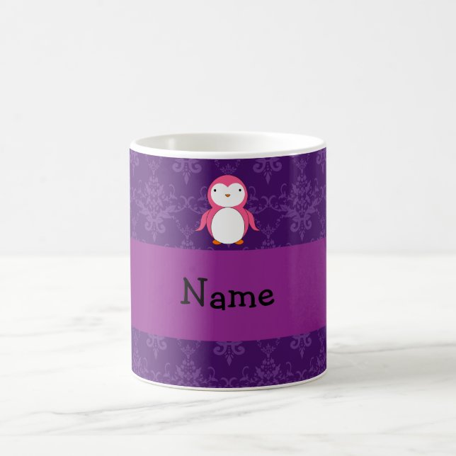 Personalized name pink penguin purple damask coffee mug (Center)