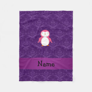 Personalized name pink penguin purple damask fleece blanket