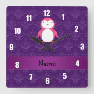Personalized name pink penguin purple damask square wall clock