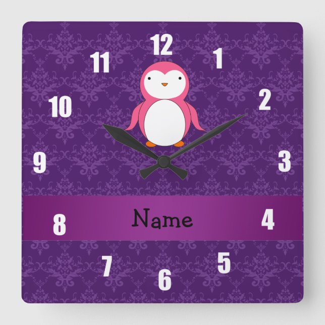 Personalized name pink penguin purple damask square wall clock (Front)