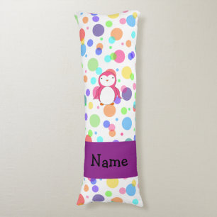 Personalized name pink penguin rainbow polka dots body pillow