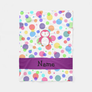 Personalized name pink penguin rainbow polka dots fleece blanket