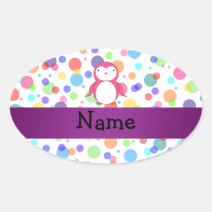 Personalized name pink penguin rainbow polka dots oval sticker