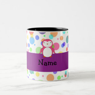 Personalized name pink penguin rainbow polka dots Two-Tone coffee mug