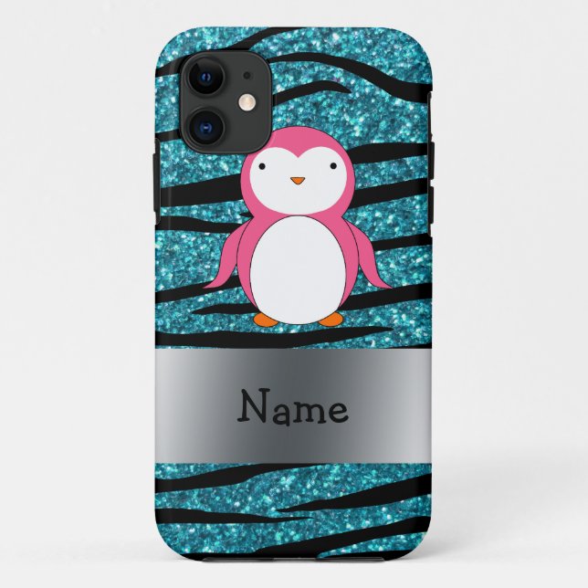Personalized name pink penguin zebra stripes Case-Mate iPhone case (Back)