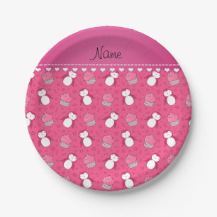 Personalized name pink penguins cupcakes stars paper plate