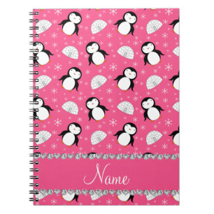 Personalized name pink penguins igloos snowflakes notebook