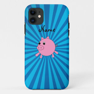 Personalized name pink pig blue sunburst iPhone 11 case