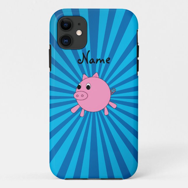 Personalized name pink pig blue sunburst Case-Mate iPhone case (Back)