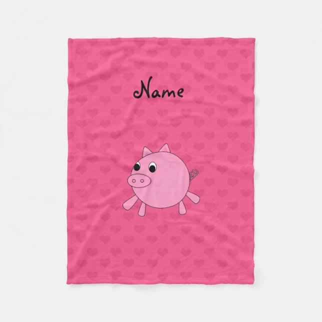 Personalized name pink pig hearts fleece blanket (Front)