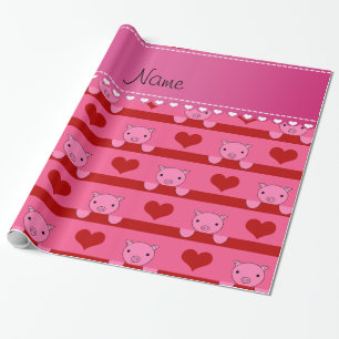 Personalized name pink pigs red hearts stripes wrapping paper