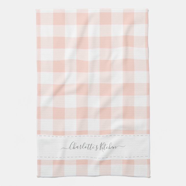 Personalized Name Pink Plaid Kitchen Towel (Vertical)